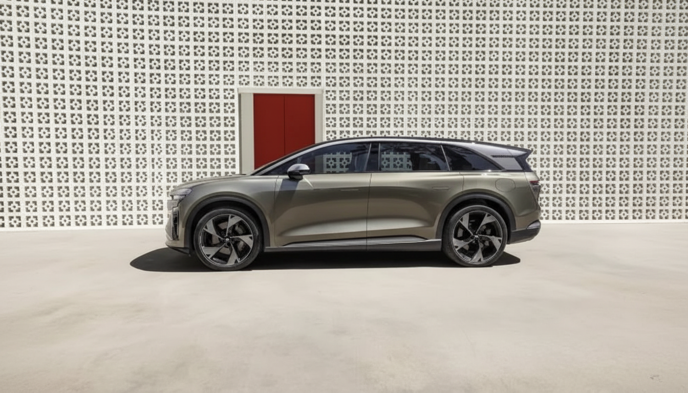 A sleek, modern car in a muted gold color is parked in front of a white, textured wall with a red door. The image is professionally enhanced and resized to a 16:9 aspect ratio.