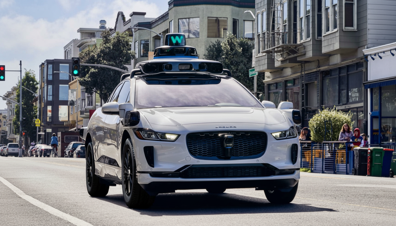 A white self-driving car with a Waymo sensor array on its roof drives down a city street.