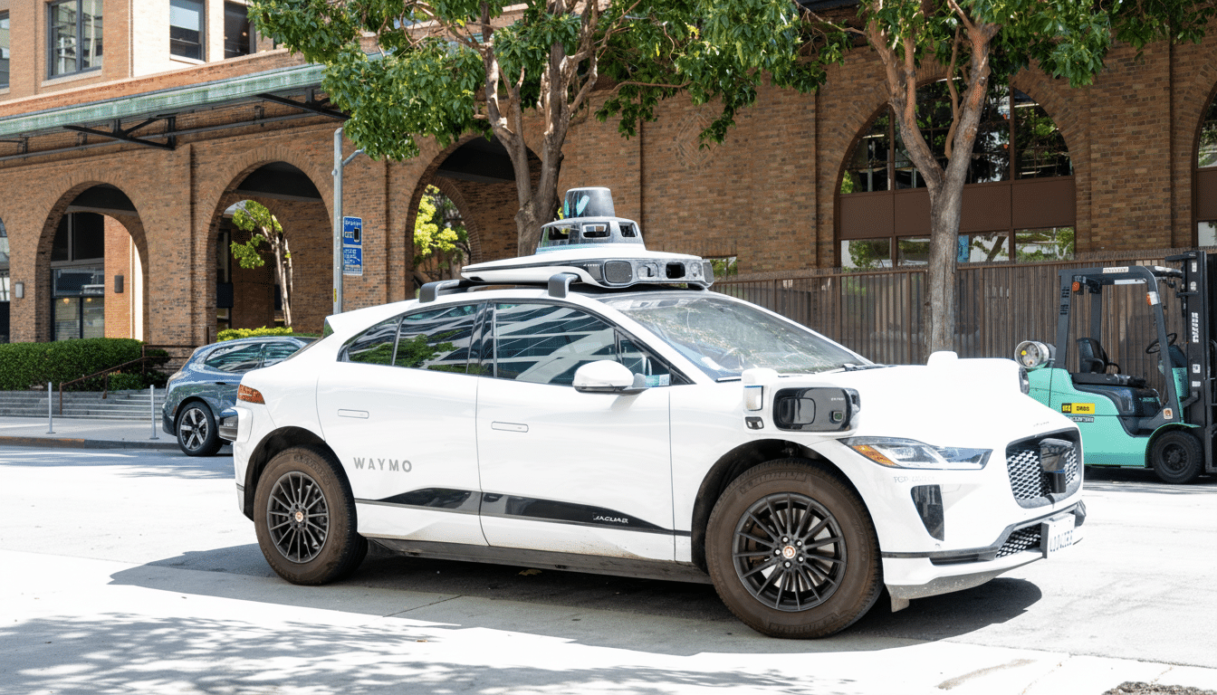 A white Waymo self -driving car , a Jaguar I- Pace, parked on a city street in front of a building with arched windows and trees .