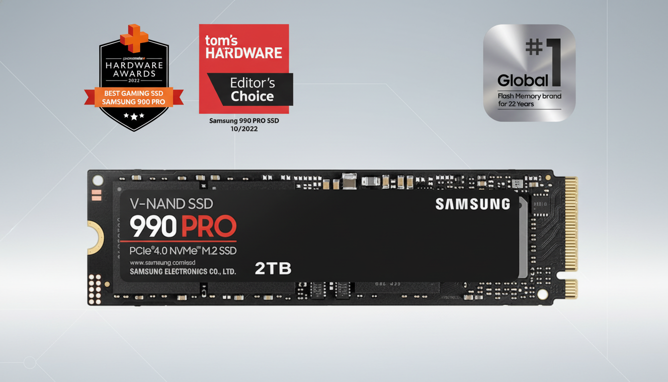 A Samsung 990 PRO 2TB NVMe M.2 SSD is centered on a professional flat gray background with subtle diagonal line patterns. Above the SSD are three award badges: Hardware Awards 2022 Best Gaming SSD Samsung 990 Pro, Toms Hardware Editors Choice Samsung 990 Pro SSD 10/2022, and #1 Global Flash Memory brand for 22 Years.