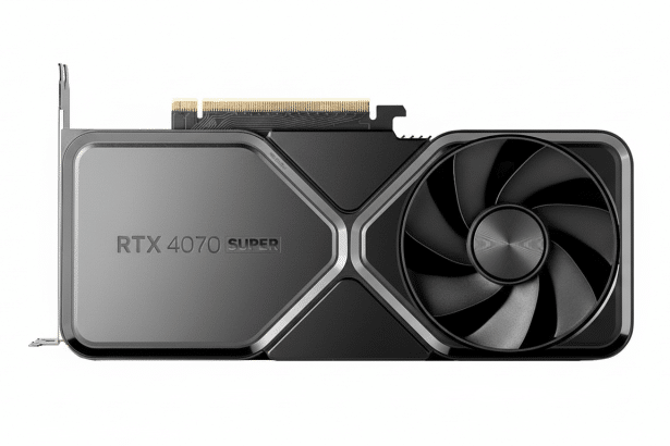 An Nvidia RTX 407 0 Super graphics card is shown from a slightly elevated side angle on a clean white background. The card is primarily dark gray and