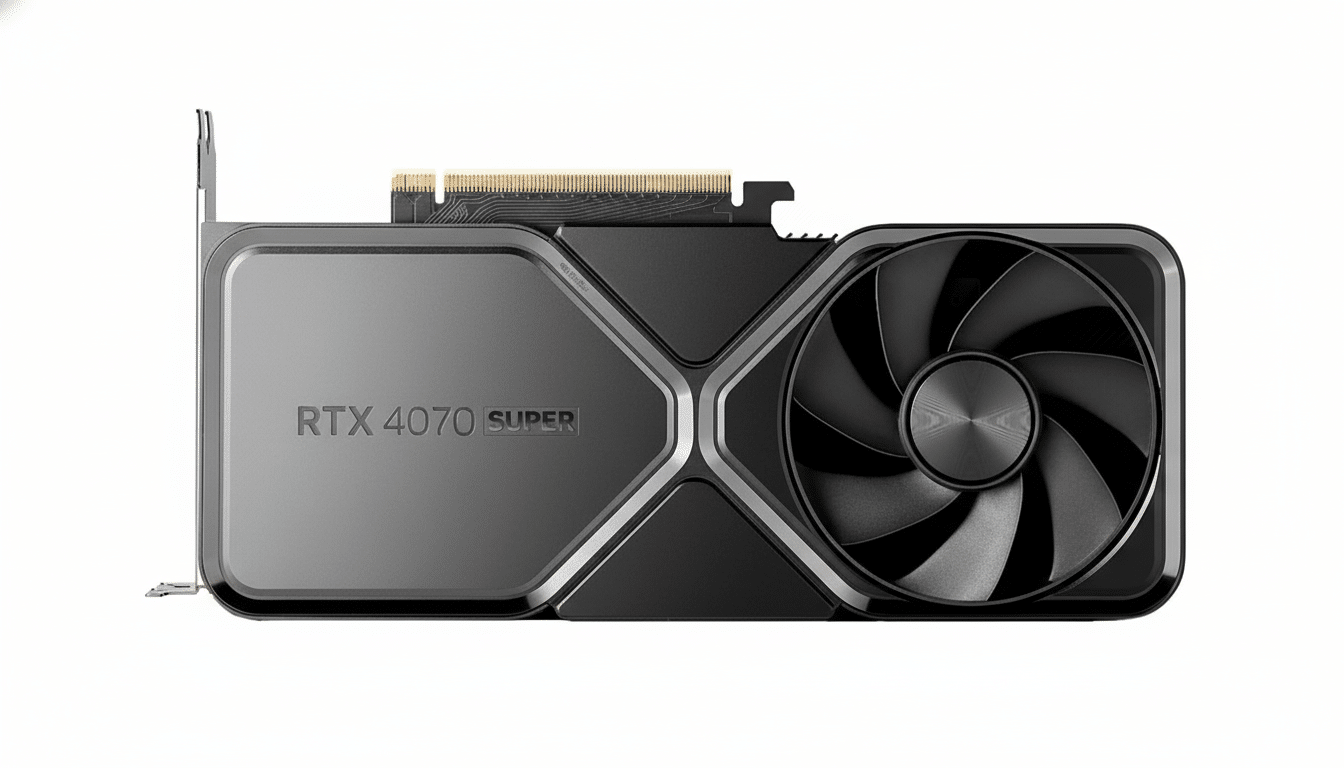 An Nvidia RTX 407 0 Super graphics card is shown from a slightly elevated side angle on a clean white background. The card is primarily dark gray and