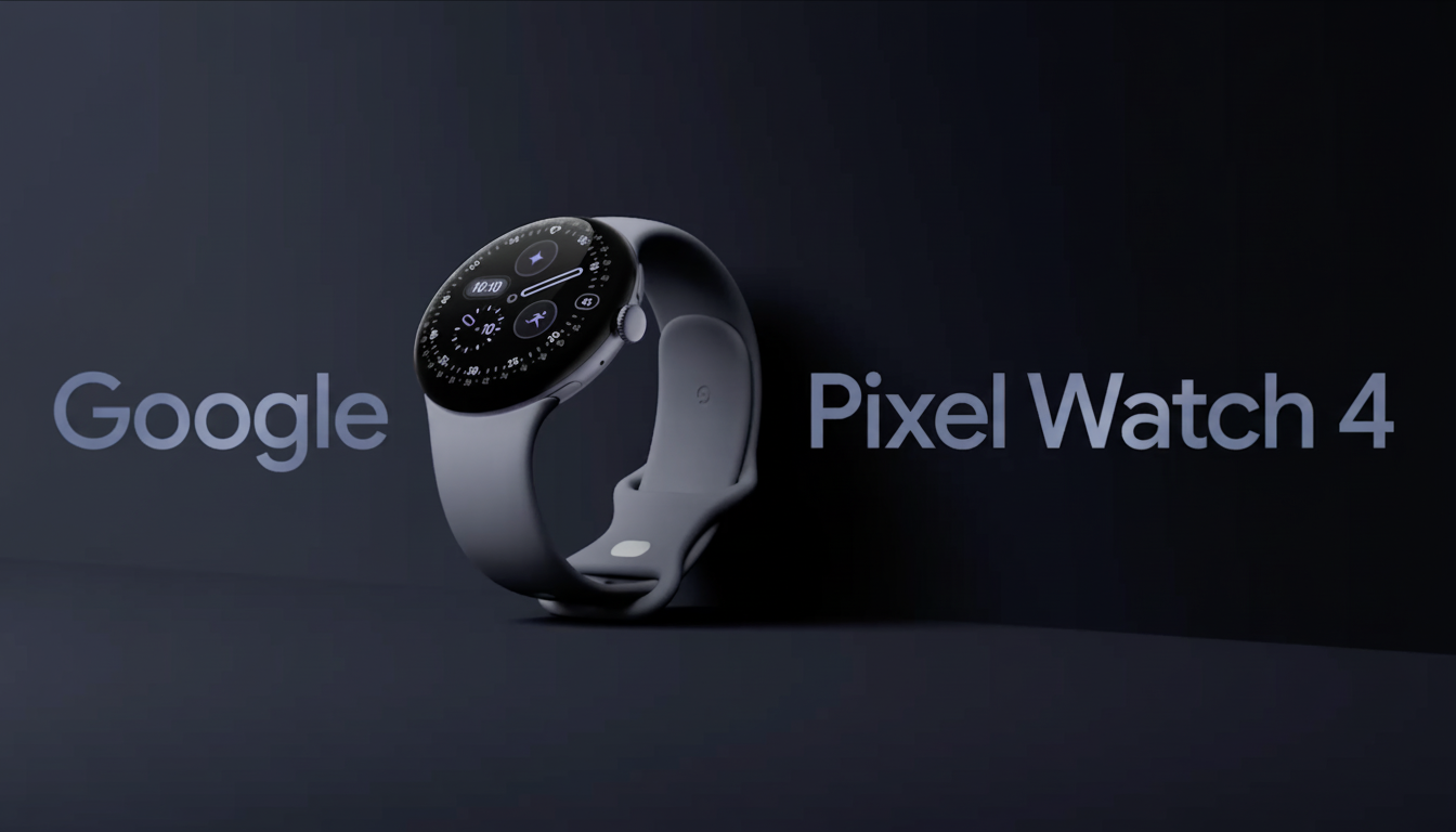 A Google Pixel Watch 4 in a light gray color, displayed on a dark gray background with the text Google Pixel Watch 4 on either side.