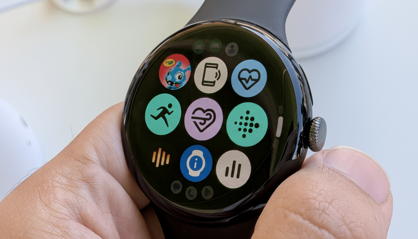 A close -up shot of a Google Pixel Watch being held, displaying various colorful app icons on its circular screen.