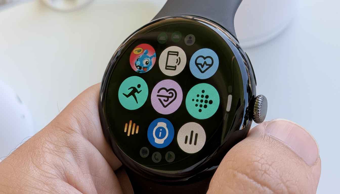 A close -up shot of a Google Pixel Watch being held, displaying various colorful app icons on its circular screen, with a blurry light -colored background.