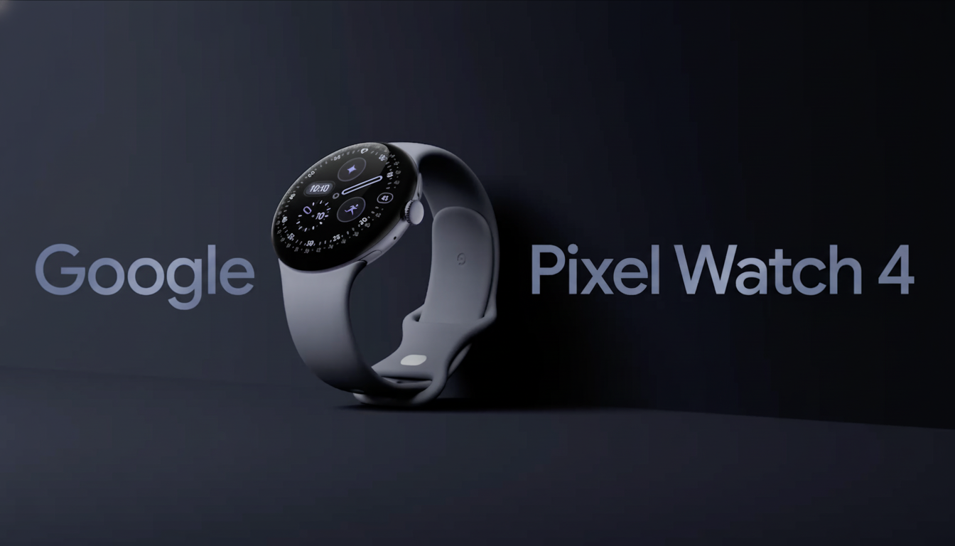 A Google Pixel Watch 4 in a light gray color with a dark gray background. The words Google and Pixel Watch 4 are visible on either side of the watch.