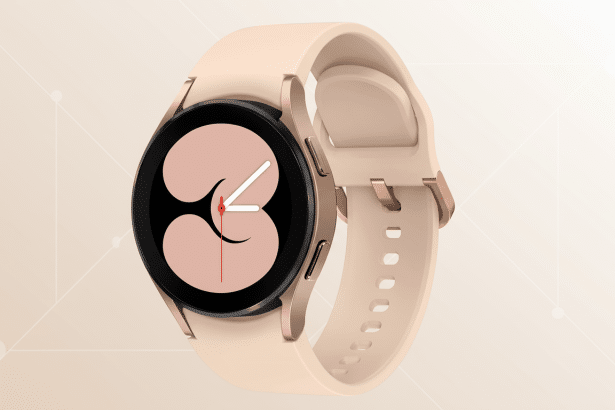 A professional image of a light pink Samsung Galaxy Watch, set against a subtle, flat design background with a soft gradient and geometric patterns.
