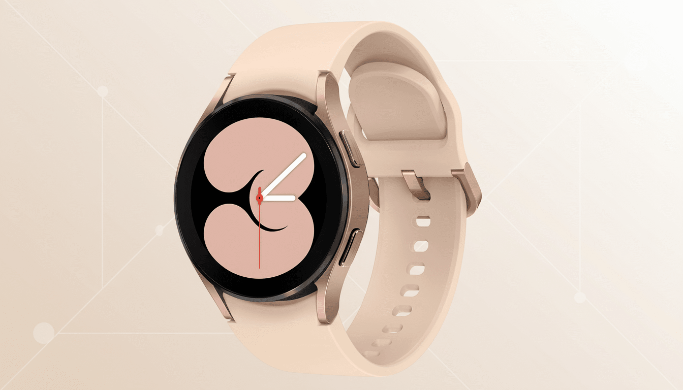 A professional image of a light pink Samsung Galaxy Watch, set against a subtle, flat design background with a soft gradient and geometric patterns.