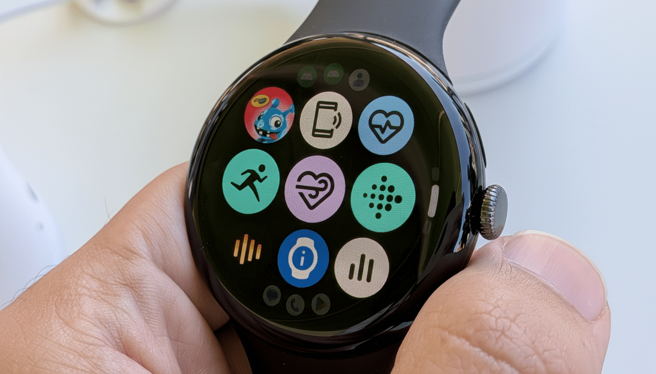 A close-up of a hand holding a Google Pixel Watch, displaying various app icons on its circular screen.