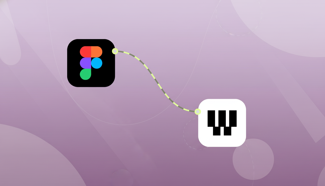 A 16:9 aspect ratio image showing the Figma and Webflow logos connected by a dashed line, set against a professional flat design background with soft patterns and gradients.