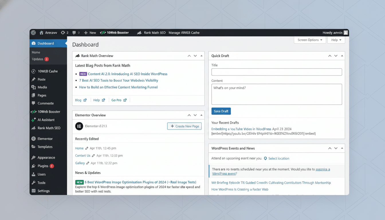 Screenshot of a WordPress dashboard with the 10Web Booster plugin active, showing various sections like Rank Math Overview , Quick Draft, Recently Edited, and WordPress Events and News, presented in a professional flat design with a soft gradient background.