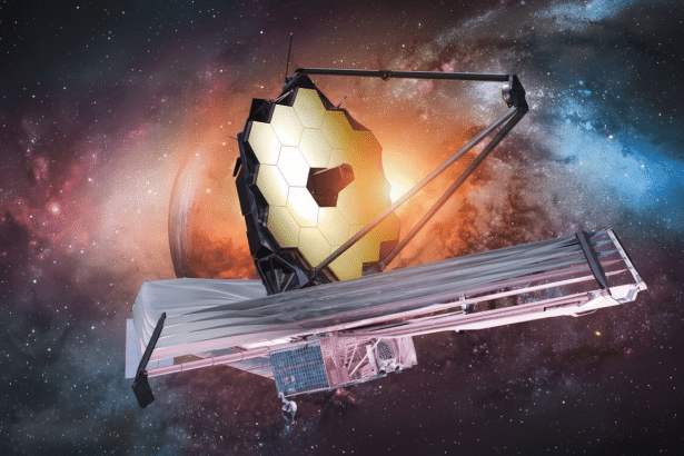 The James Webb Space Telescope with its golden hexagonal mirrors and large sun shield, set against a vibrant space background of stars and nebulae, wi