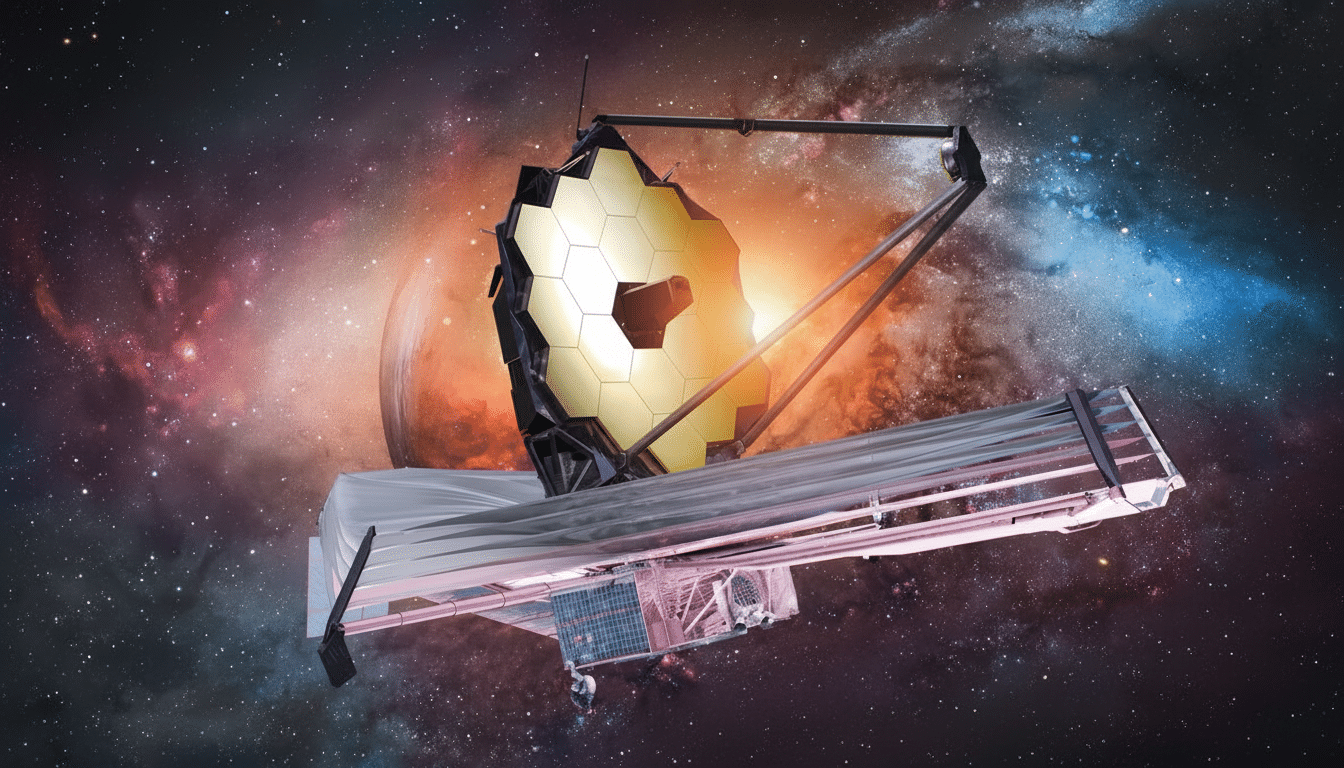 The James Webb Space Telescope with its golden hexagonal mirrors and large sun shield, set against a vibrant space background of stars and nebulae, wi