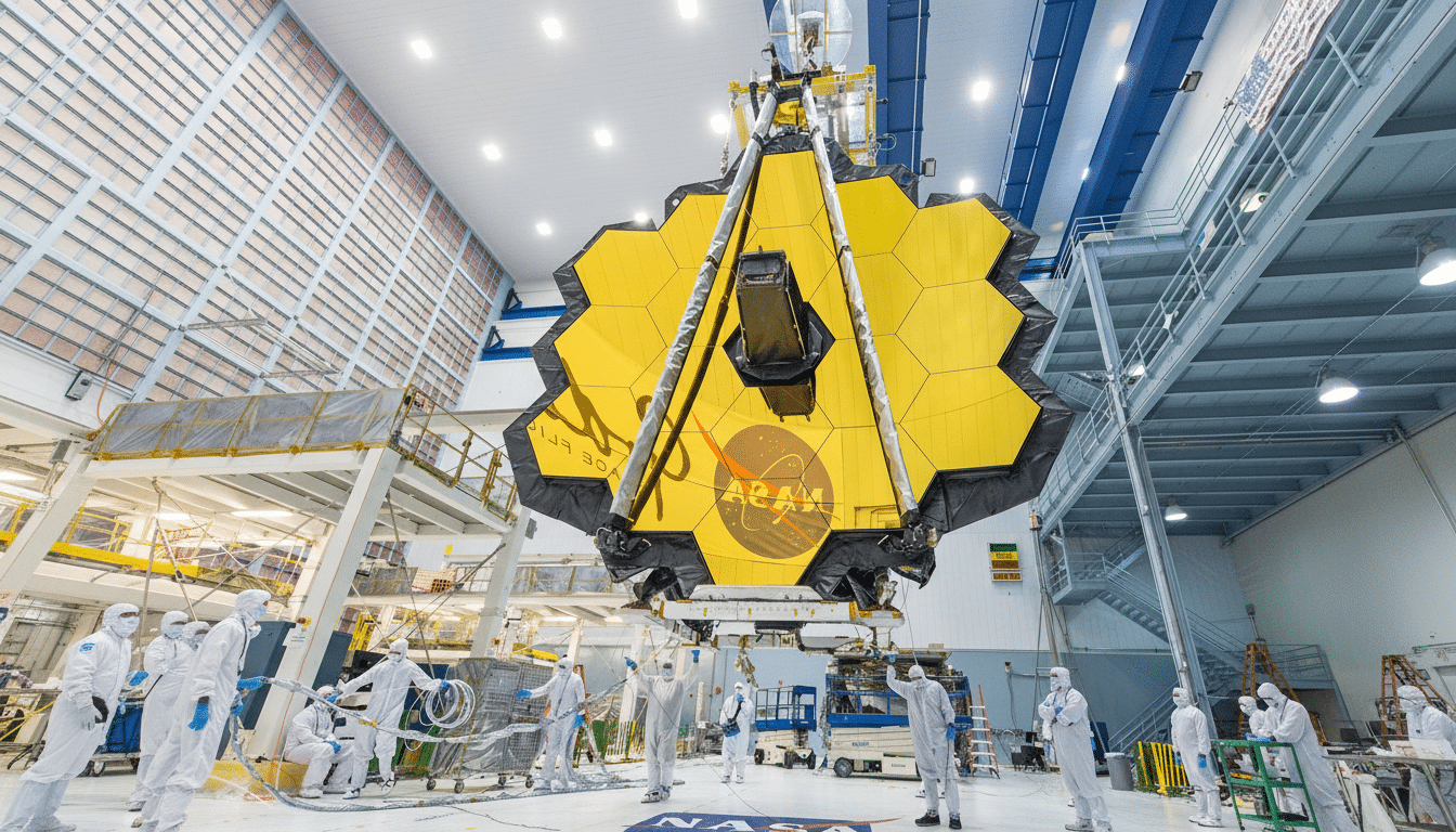 Engineers in clean room suits work around the large, gold-pane led primary mirror of the James Webb Space Telescope in a spacious assembly facility.
