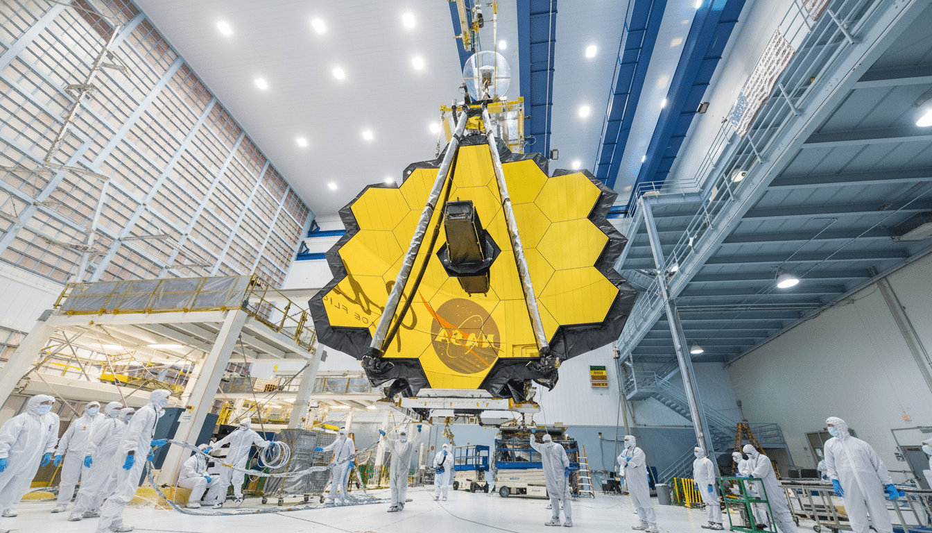 The James Webb Space Telescope' s primary mirror, a large golden honeycomb - like structure, is being prepared by technicians in clean suits within a spacious assembly facility.