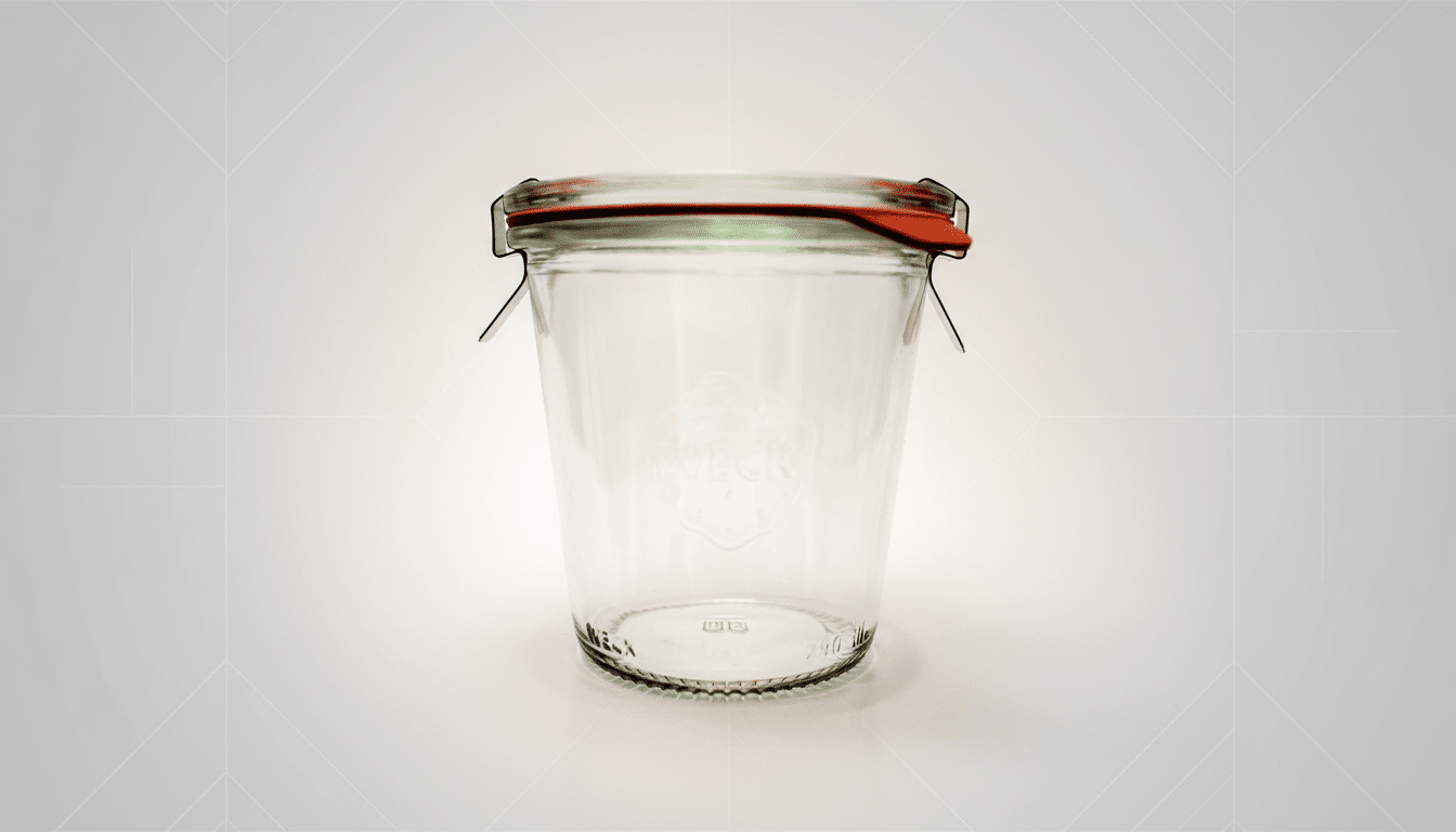 A professional , enhanced image of an empty We ck canning jar with a glass lid, rubber ring , and two metal clamps , set against a subtle light grey background with a soft geometric pattern.