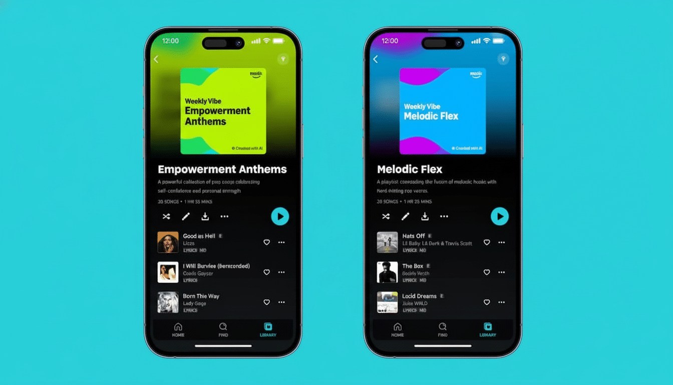 Two iPhones displaying Weekly V ibe playlists, one titled Empowerment Anthems with a green theme and the other Melodic Flex with a blue theme, present