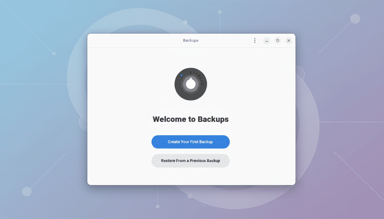 A professional screenshot of the Welcome to Backups application interface , featuring a central gear icon and two buttons : Create Your First Backup and Restore From a Previous Backup, set against a clean , abstract background with soft blue and purple gradients and subtle geometric patterns. Filename : welcome toback upsapp interface.png