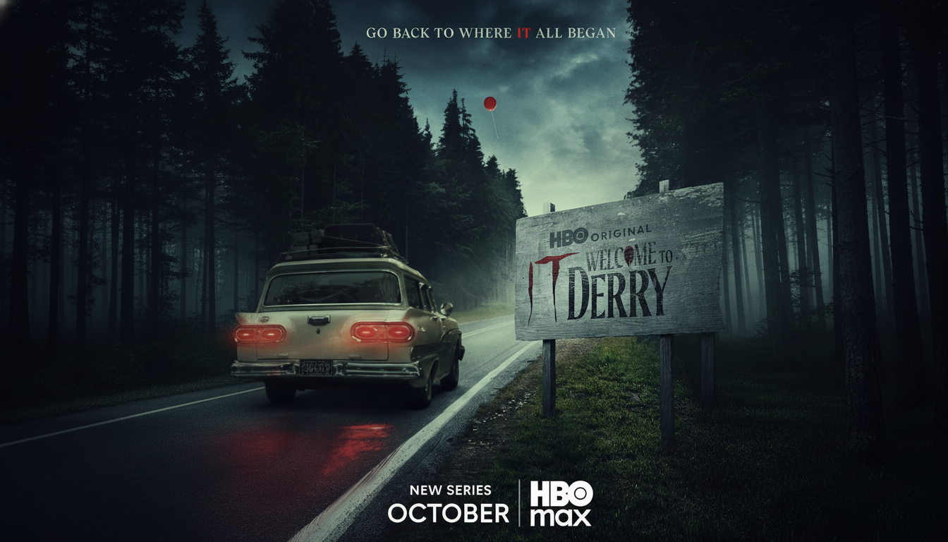 A car drives down a dark, tree-lined road towards a sign that reads Welcome to Derry, with a red balloon floating in the distance.