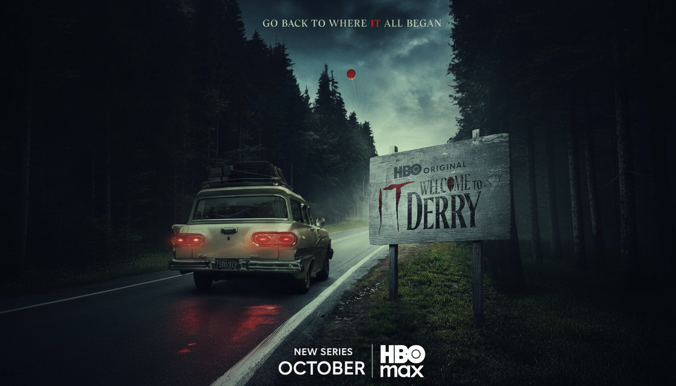 A car drives down a dark, tree-lined road towards a sign that reads Welcome to Derry, with a red balloon floating in the sky. The image is a promotional poster for an HBO Max series.