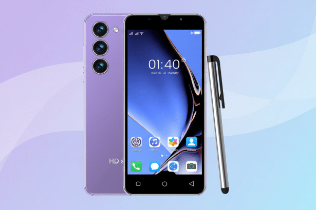 A professional shot of a purple smartphone with a stylus next to it, presented on a subtle gradient background with soft patterns. The phone displays the time 0 1:40 and the date 2023 -02- 28 Thursday , with various app icons visible.