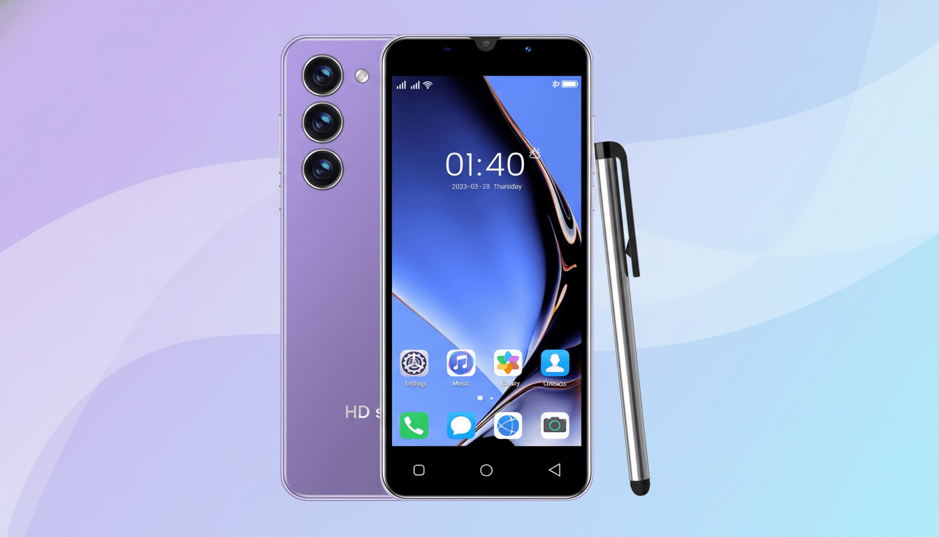 A professional shot of a purple smartphone with a stylus next to it, presented on a subtle gradient background with soft patterns. The phone displays the time 0 1:40 and the date 2023 -02- 28 Thursday , with various app icons visible.