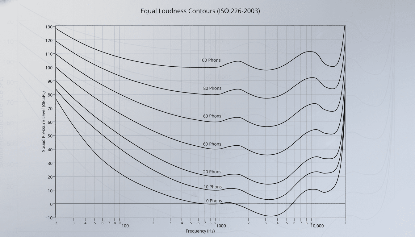 Equal Loudness Contours (ISO 2 26-2 003) graph with 0 to 100 Ph ons labeled.