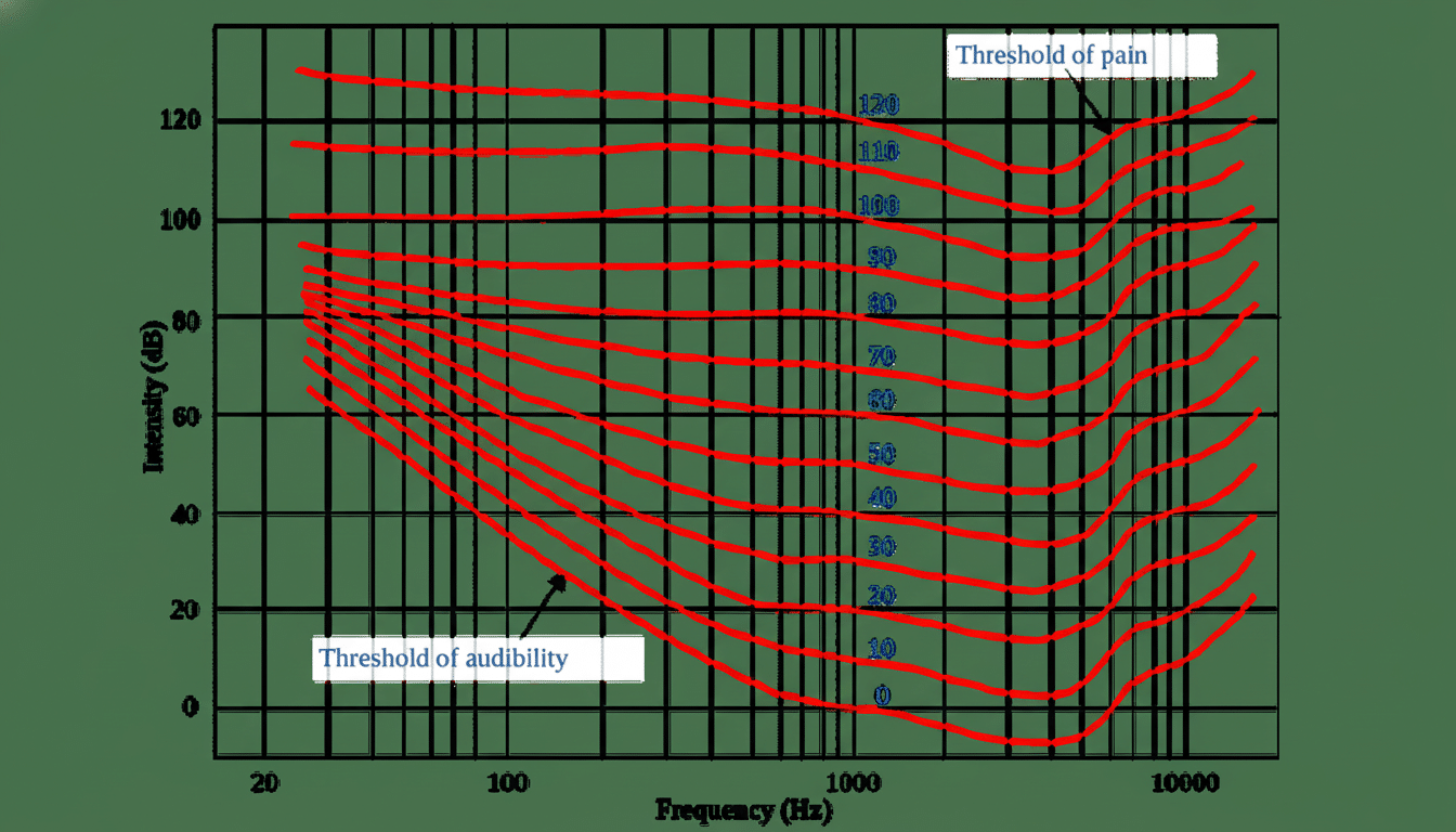 A graph displaying equal loudness contours (F letcher -Mun son curves) with frequency in Hz on the x -axis and intensity in dB on the y-axis, indicating the threshold of aud ibility and the threshold of pain, and demonstrating how perceived loudness varies with frequency.
