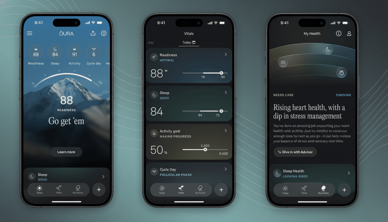 Three iPhone screens displaying the Oura app 's health tracking features, including readiness , vit als, and personalized health insights .