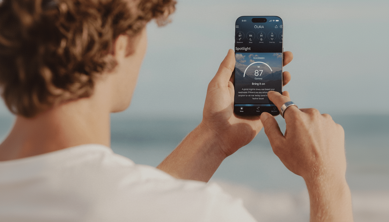 A person holding a smartphone displaying the Oura app 's  Read iness screen, with the background of a beach and the ocean. Filename : oura appon beach. png