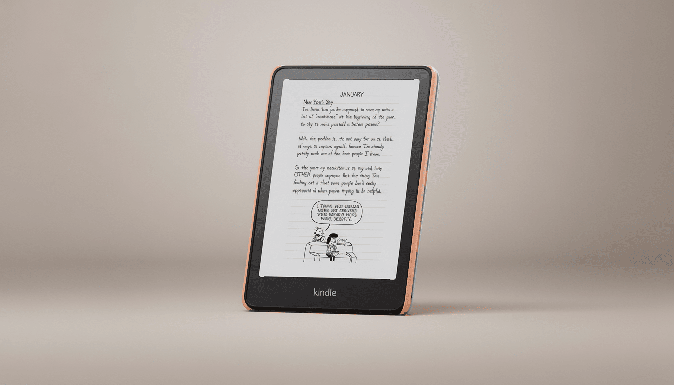 A Kindle e-reader displaying a page from Diary of a Wimpy Kid on a light brown background, resized to a 16: 9 aspect ratio.