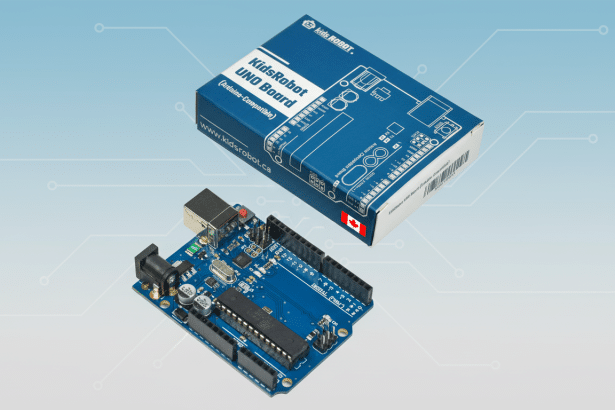 lt text : Kids Robot UNO Board ( Arduino-Compatible) with its blue packaging box, professionally pre