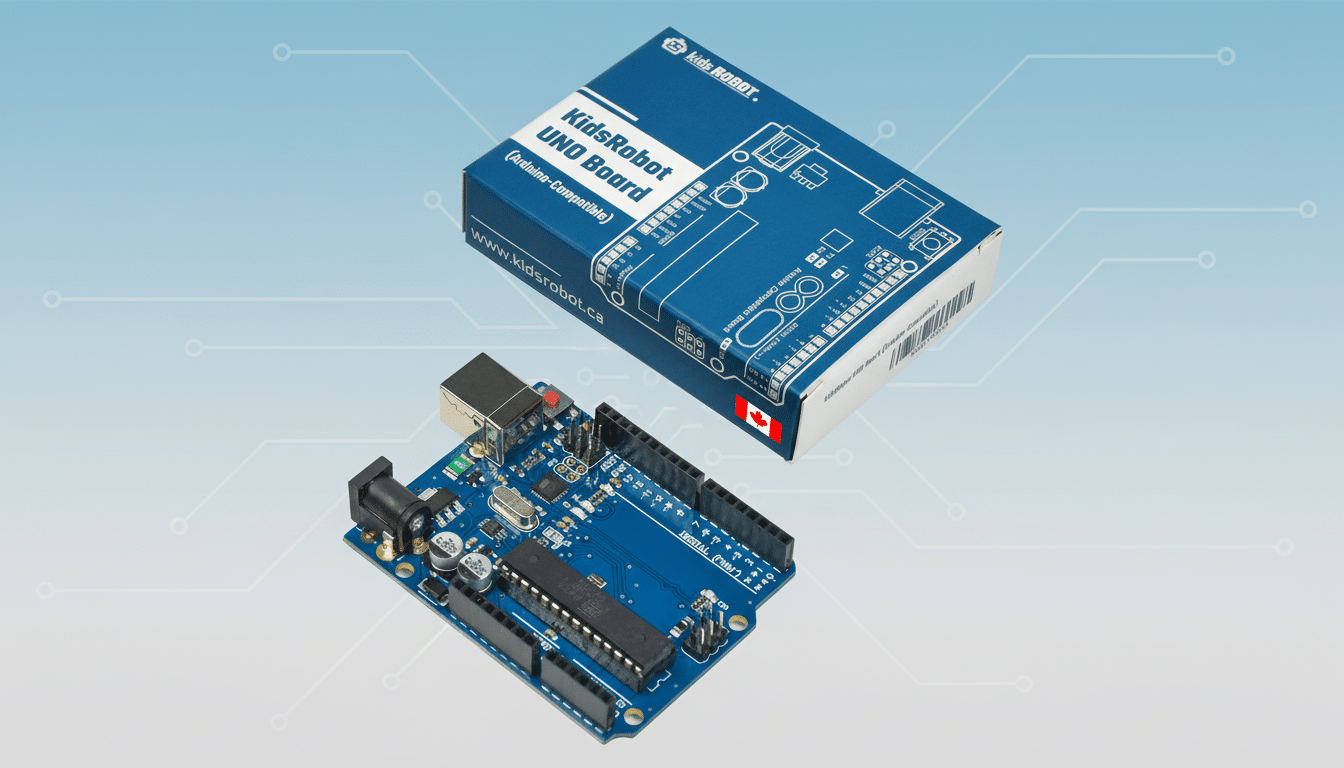 lt text : Kids Robot UNO Board ( Arduino-Compatible) with its blue packaging box, professionally pre