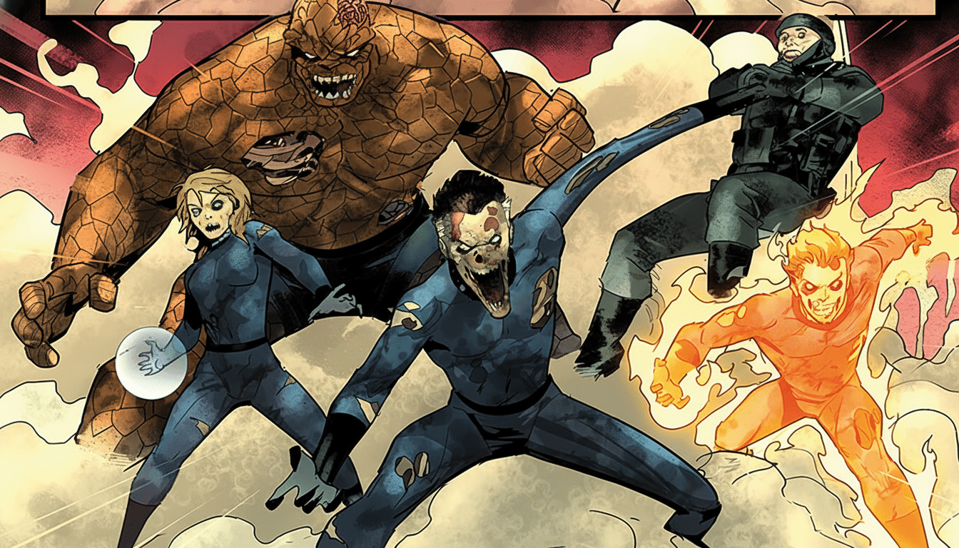 The Fantastic Four depicted as zombies, with The Thing in the background , Mister Fantastic and Invisible Woman in the mid ground, and Human Torch in the foreground , all against a smoky background. Filename : fantasticfour zombies. png