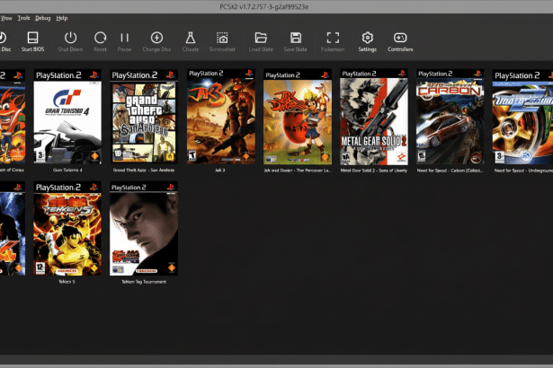 Screenshot of the PCSX2 emulator interface showing a collection of PlayStation 2 game covers in a dark theme .