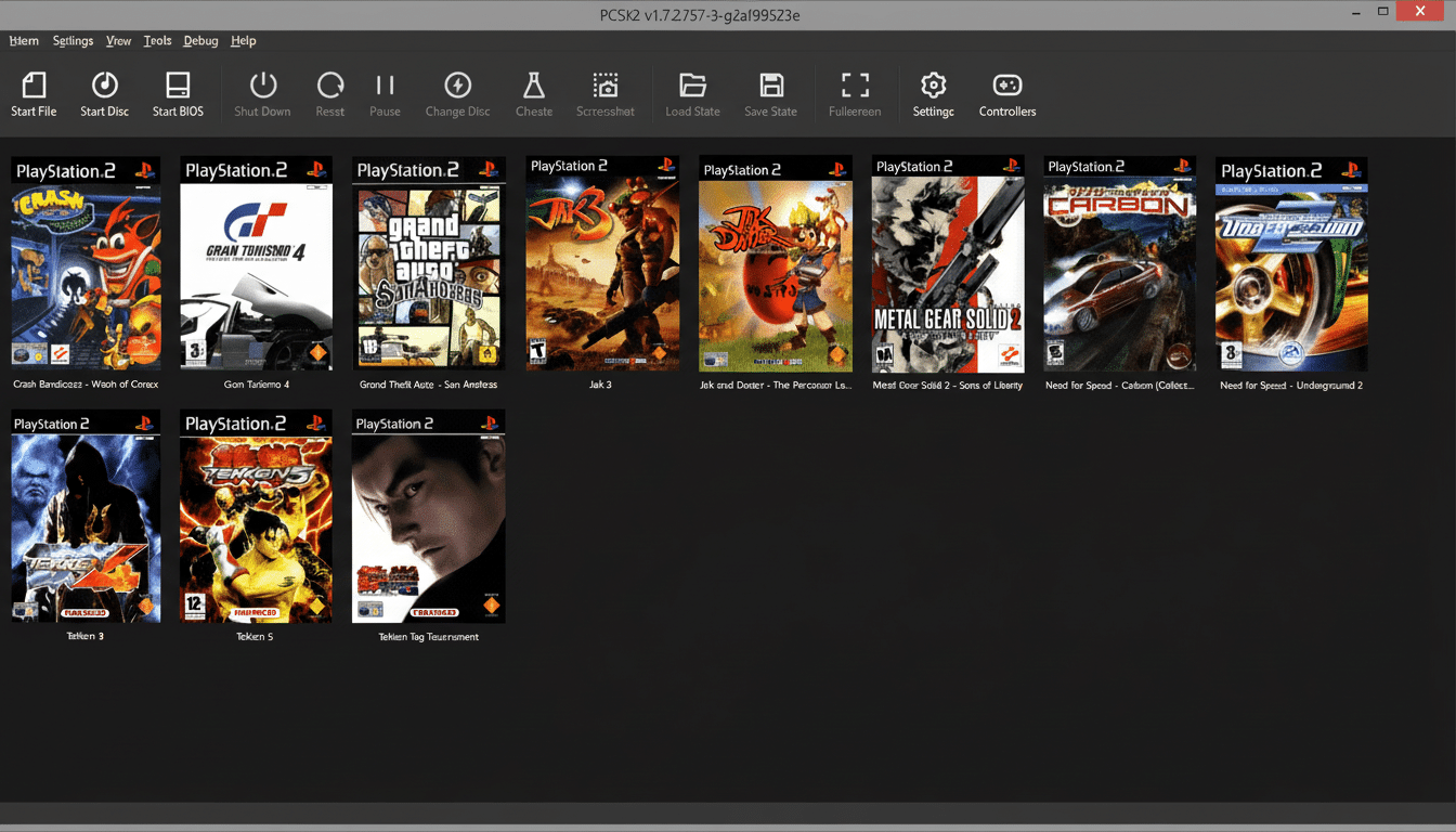 Screenshot of the PCSX2 emulator interface showing a collection of PlayStation 2 game covers in a dark theme .