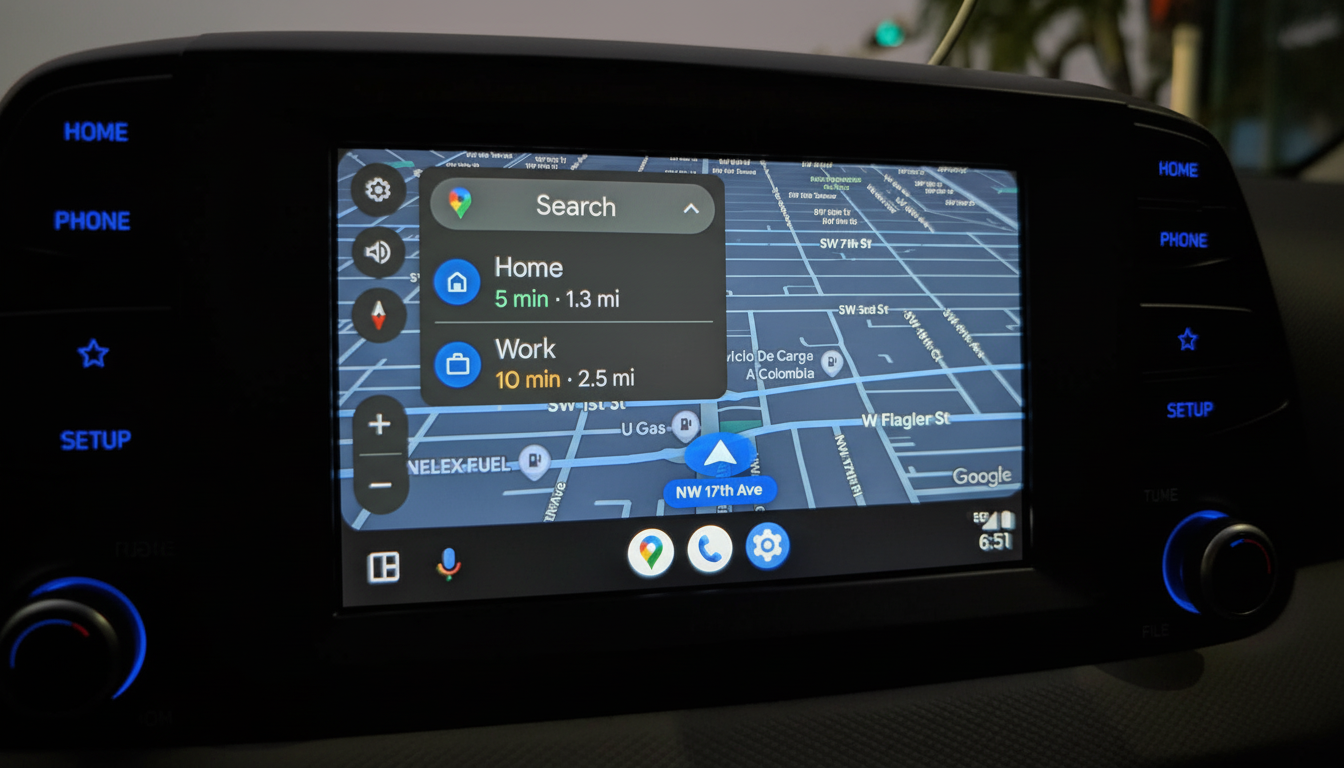 A cars infotainment system displaying a navigation app with Home and Work destinations, along with a map of streets.