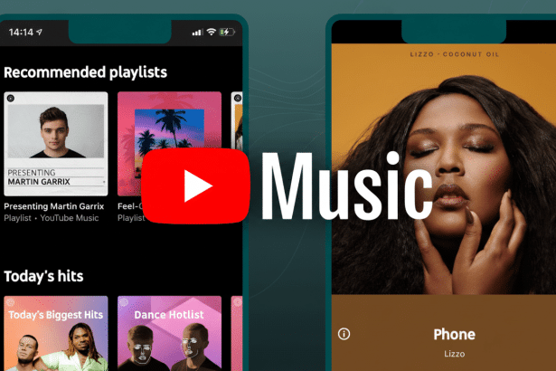 Two mobile phone screens displaying YouTube Music, with Recommended playlists and Today's hits sections on the left, and a Liz zo album cover on the right, overlaid with a YouTube play button and Music text. Filename : youtubemusic app screens. png
