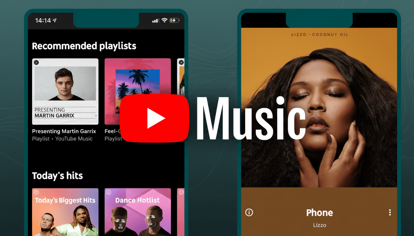 Two mobile phone screens displaying YouTube Music, with Recommended playlists and Today's hits sections on the left, and a Liz zo album cover on the right, overlaid with a YouTube play button and Music text. Filename : youtubemusic app screens. png