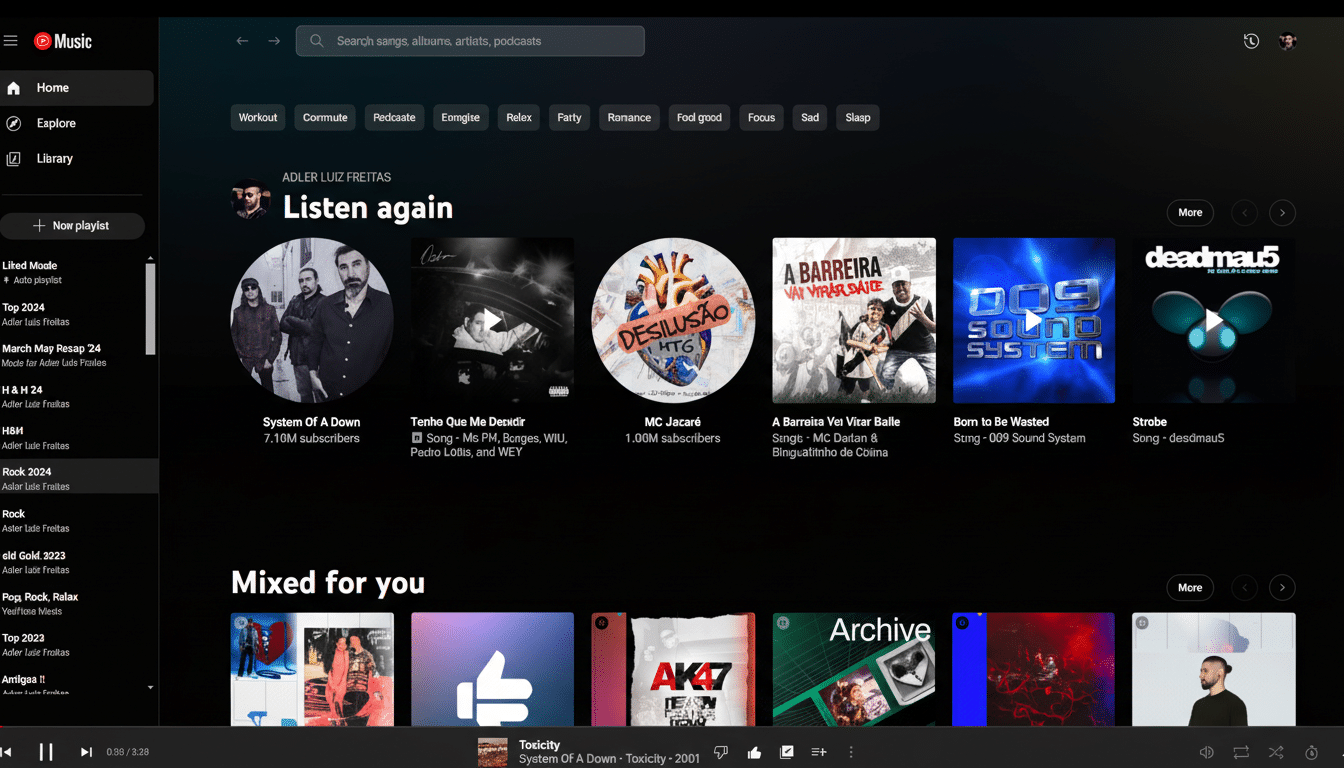 Screenshot of the YouTube Music desktop app interface showing various music recommendations and playlists .