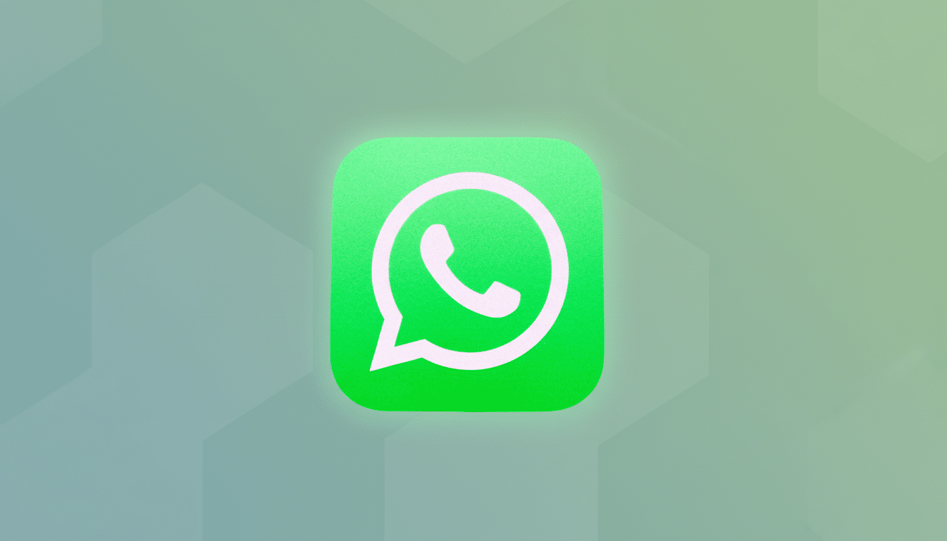 WhatsApp icon on a professional flat design background with soft green and grey gradients and subtle geometric patterns.
