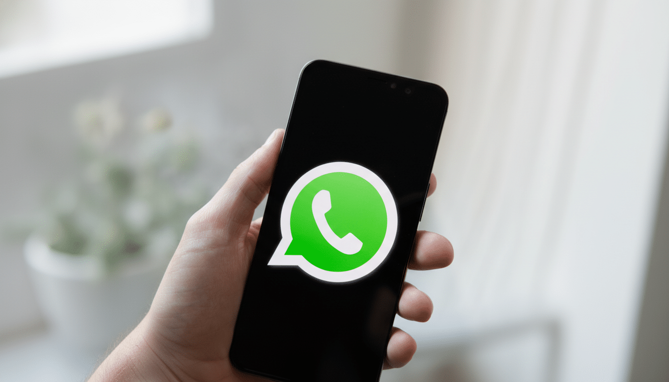 A resized image of a hand holding a smartphone displaying the WhatsApp logo on its screen. Filename: