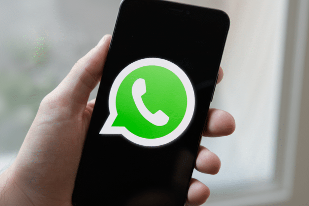 A hand holding a smartphone displaying the WhatsApp logo on its screen. Filename : whatsapplogo onphone .png