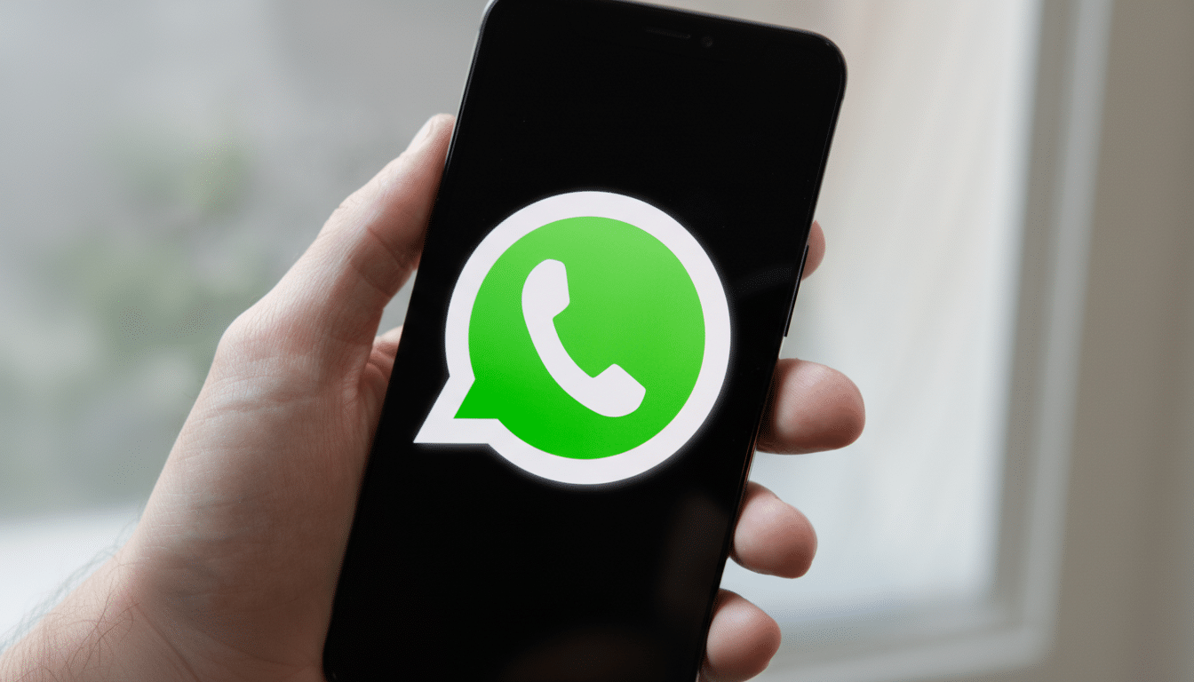 A hand holding a smartphone displaying the WhatsApp logo on its screen. Filename : whatsapplogo onphone .png