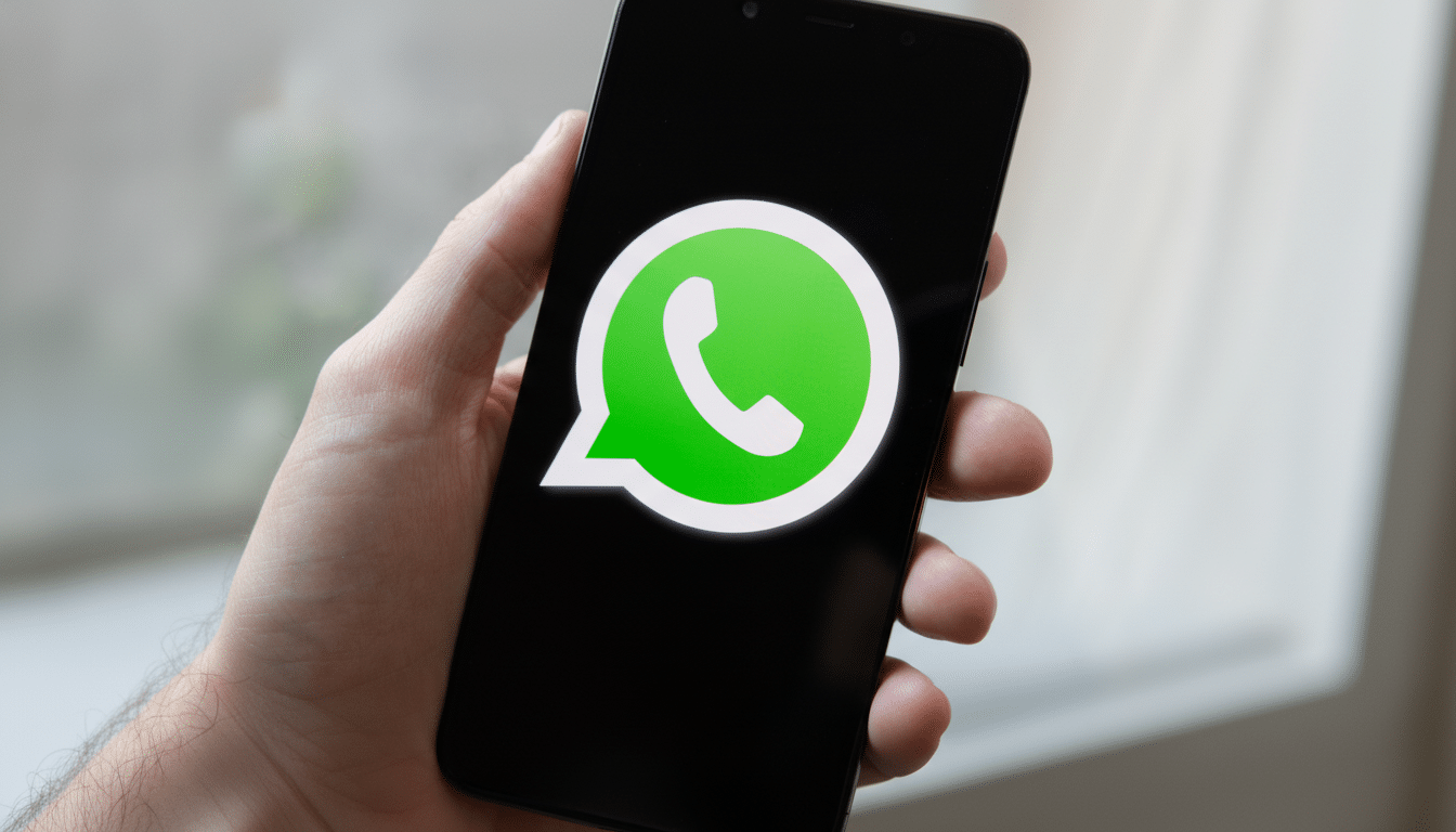 text : A hand holds a smartphone displaying the WhatsApp logo on its screen. Filename : whatsapplog
