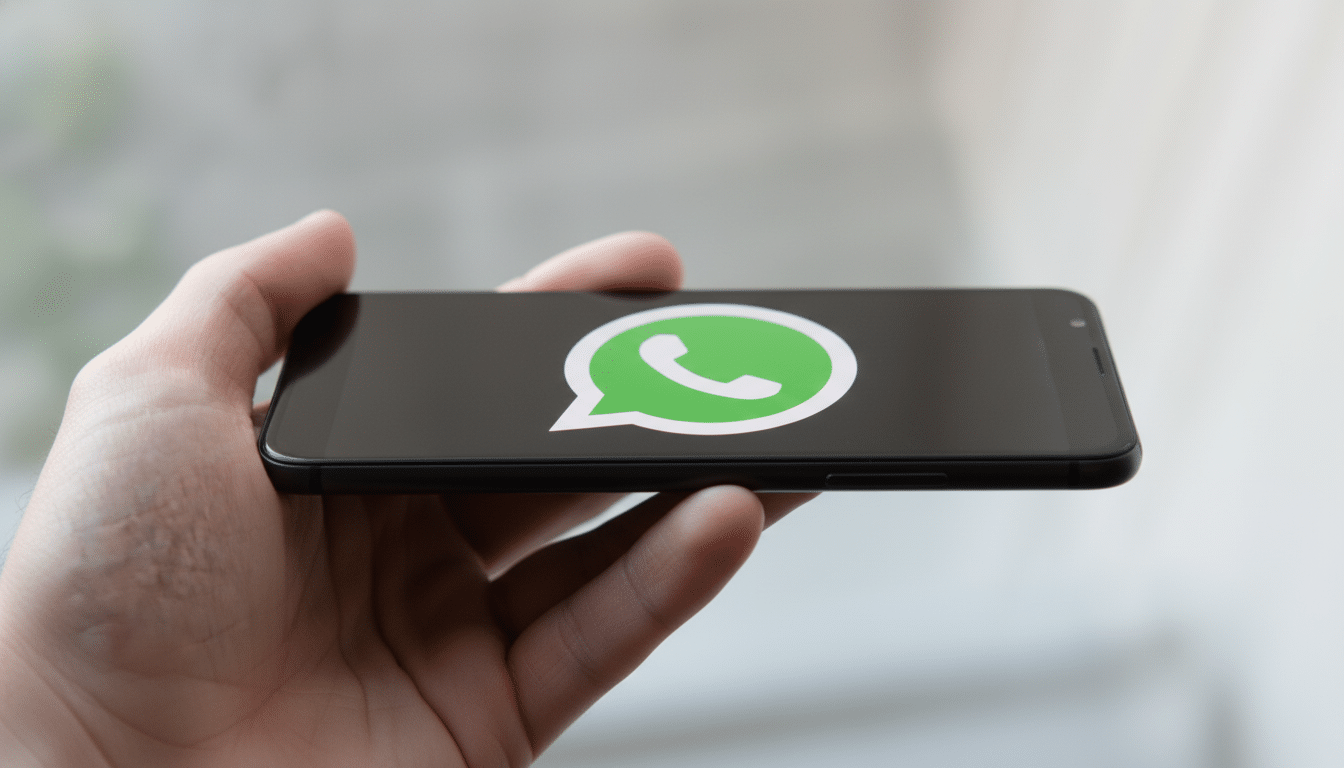 WhatsApp logo displayed on a smartphone held by a hand. Filename: whatsapp logoon smartphone.png