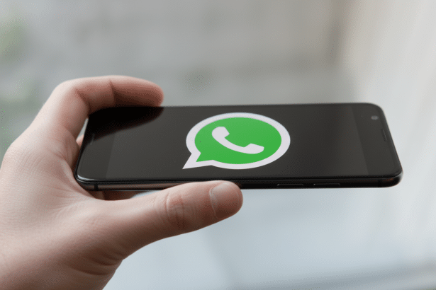 A hand holding a smartphone displaying the WhatsApp logo on its screen. Filename : whatsapplogo onsmartphone .png
