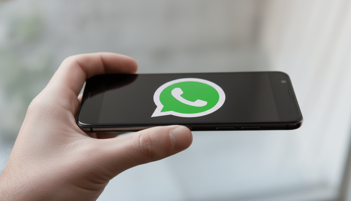 A hand holding a smartphone displaying the WhatsApp logo on its screen. Filename : whatsapplogo onsmartphone .png