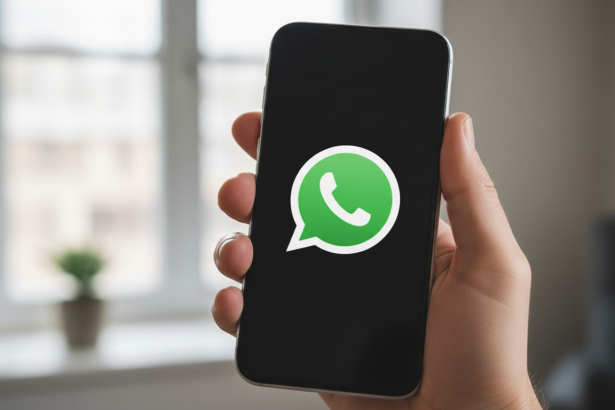 Text : A hand holds a smartphone displaying the WhatsApp logo on its screen. Filename : whatsapplog