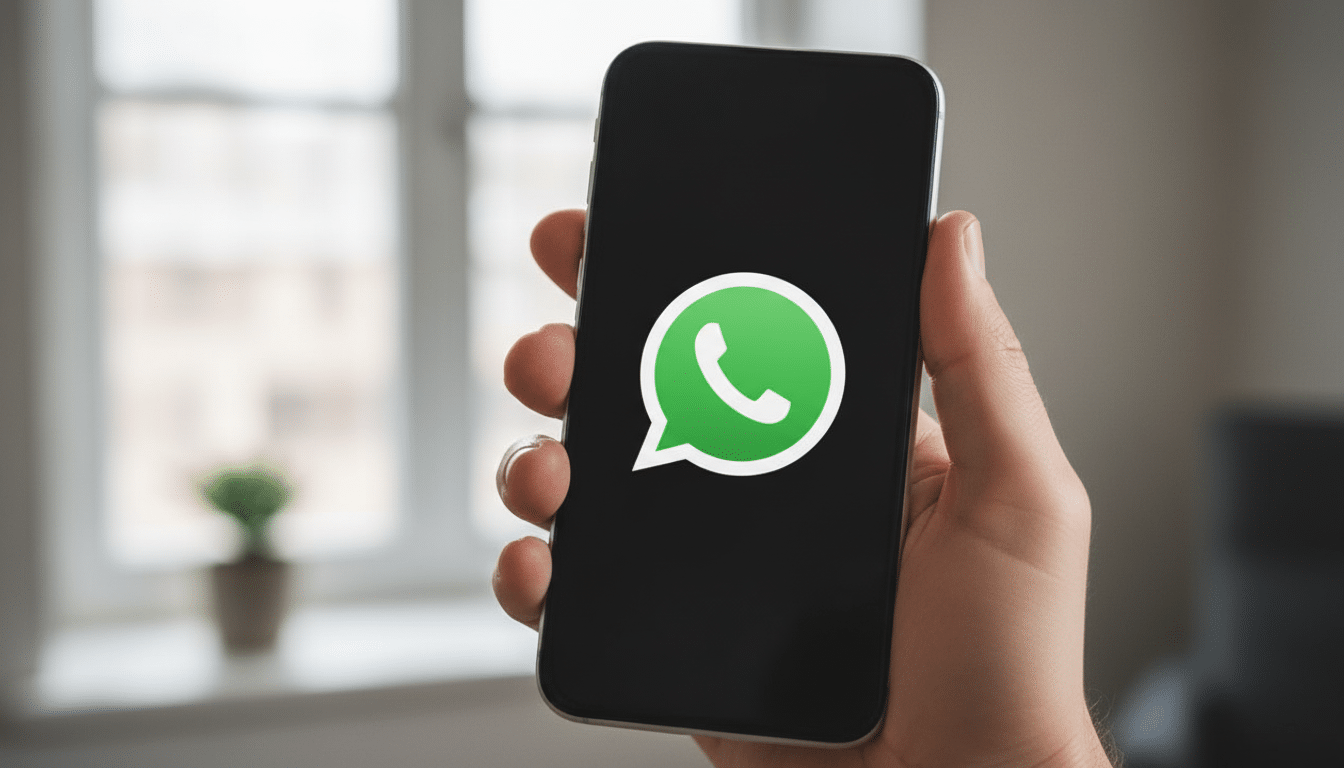 Text : A hand holds a smartphone displaying the WhatsApp logo on its screen. Filename : whatsapplog
